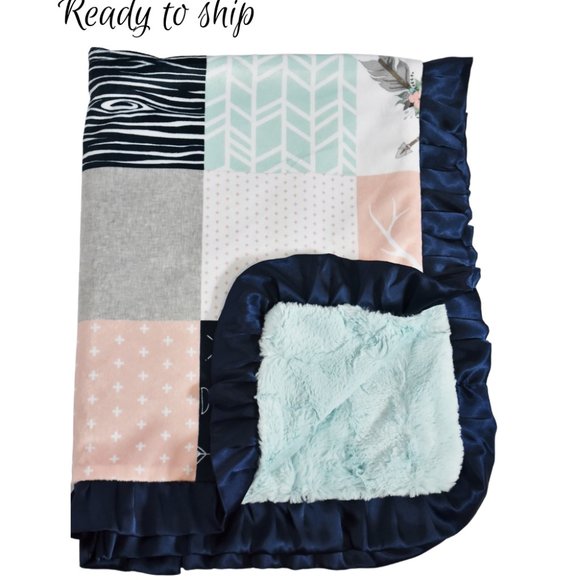 Navy and Aqua Woodland Patchwork Baby Girl Minky Blanket